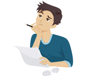 Sketch image of young male with brown hair and a blue shirt, sitting down and thinking.