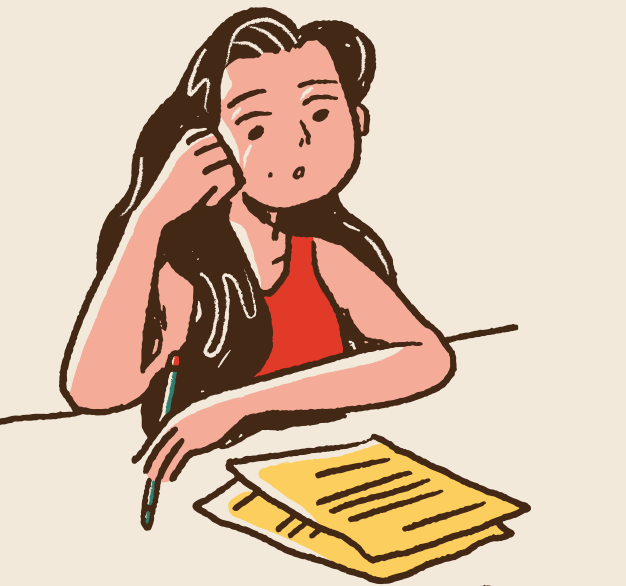 Sketch image of young woman looking at pieces of paper with a concerned look on her face